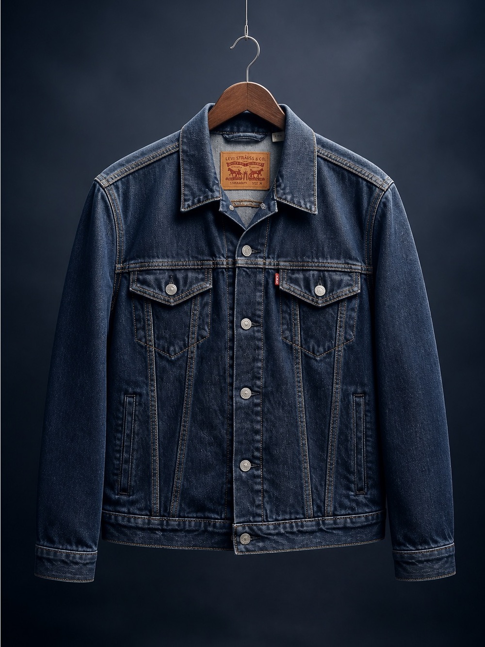Levi's Dark Blue Denim Jacket with Tan Leather Patch